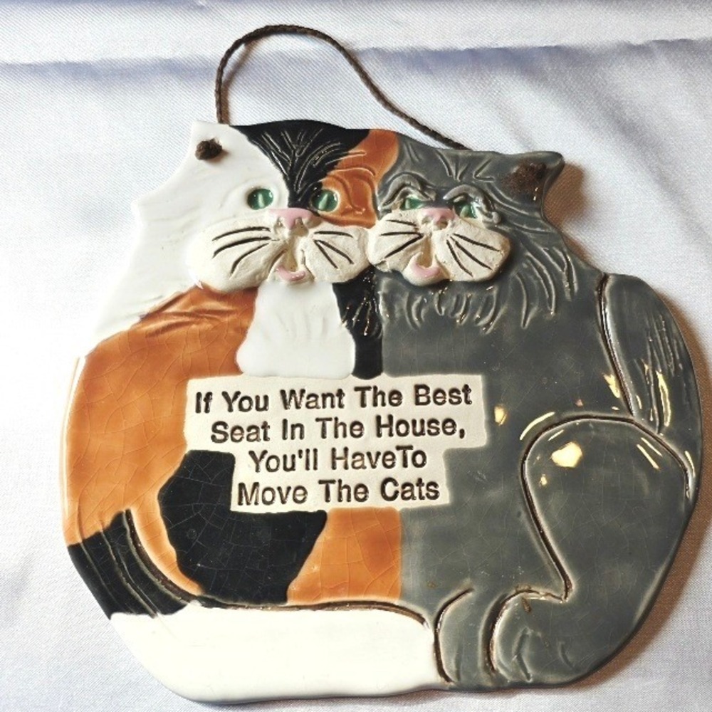 Vintage Green Eye Cats Wall Plaque Humorous Quote Smokey‎ Mountain Pottery 1993